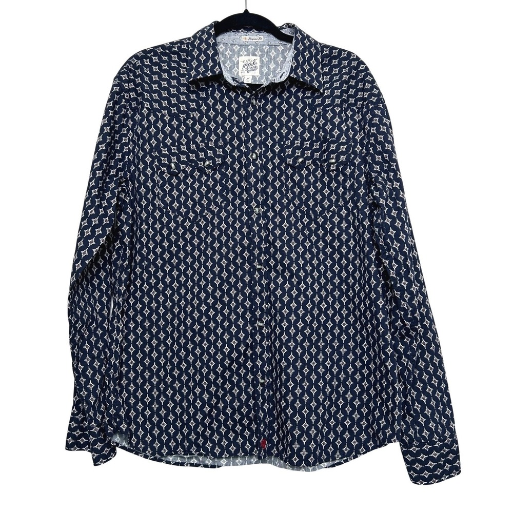 Moon Shine Spirit Shirt Western Style Navy Geometric Long Sleeve Mens‎ M cowboy